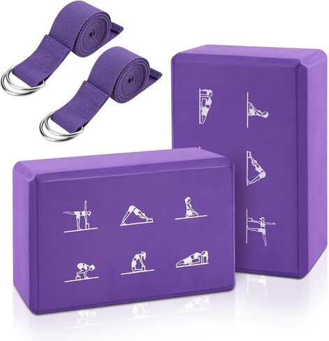 2 Yoga Block and 2 Yoga Strap Set,Non-slip EVA Foam Blocks, High Density Yoga Bricks with 6ft Strap, Supportive Latex-Free Yoga Block Accessories for Pilates in Kuwait