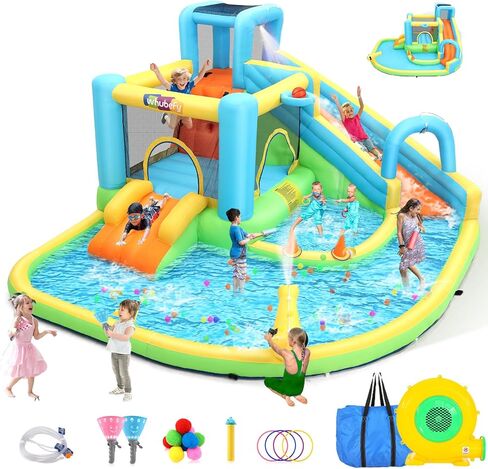 Whubefy Bounce House Water Slide for Kids 3-12 w/Blower, Waterslide 12.8x12Ft Waterpark with Jump Area, Catch Ball, Toss Rings, Water Blaster, 10 Accessories, Hold for 8 Kids, PVC Water Bounce House in Saudi Arabia