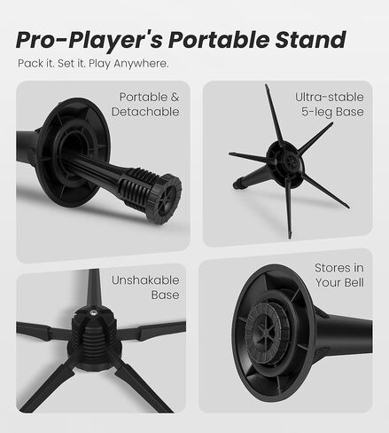 Trumpet Stand, Metal 5 Legs and Holder, Professional Grade for all Musicians, Lightweight & Compact, In-Bell Storeable, Stable Secure Folding Base & Detachable Legs, Black in Kuwait