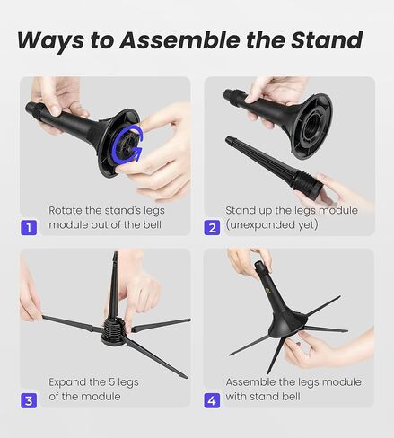 Trumpet Stand, Metal 5 Legs and Holder, Professional Grade for all Musicians, Lightweight & Compact, In-Bell Storeable, Stable Secure Folding Base & Detachable Legs, Black in Kuwait