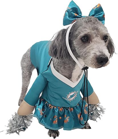 NFL Miami Dolphins Officially Licensed Cheer Dog Costume by MODERN HERO Includes Dress with Faux Stuffed arms and Tinsel pom-poms and Satin Bow Headband, Size M in Saudi Arabia