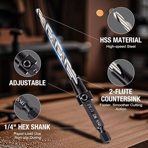 5PCS Tapered Countersink Drill Bit Set for Wood, #4#6#8#10#12, HSS, 1/4" Hex Quick Change Shank, Adjustable Depth Stop, Pilot Hole + Countersink in Saudi Arabia