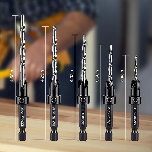 5PCS Tapered Countersink Drill Bit Set for Wood, #4#6#8#10#12, HSS, 1/4" Hex Quick Change Shank, Adjustable Depth Stop, Pilot Hole + Countersink in Saudi Arabia