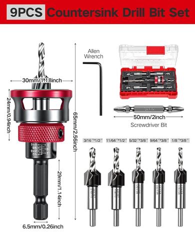 مجموعة لقم الثقب الغاطسة 9 قطع، 5 قطع لقم الثقب المدبب من سبائك TCT وطوق إيقاف العمق قابل للتعديل، لقمة غاطسة خشبية مع مفتاح ربط لأعمال النجارة 82 درجة، والخشب الرقائقي وMDF DIY in Kuwait