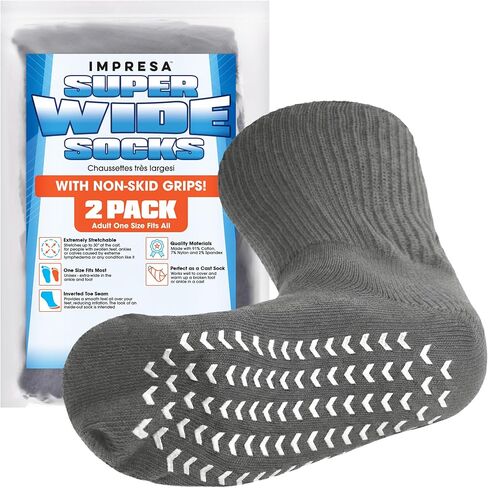 IMPRESA Super Wide Grip Socks for Men and Women– Extra Wide Non-Slip Diabetic Socks for Swollen Feet & Ankles - Big & Tall Edema Socks with Grippers - Soft, Stretchy Fit for Wide Calves - 2 Pack Gray in Saudi Arabia