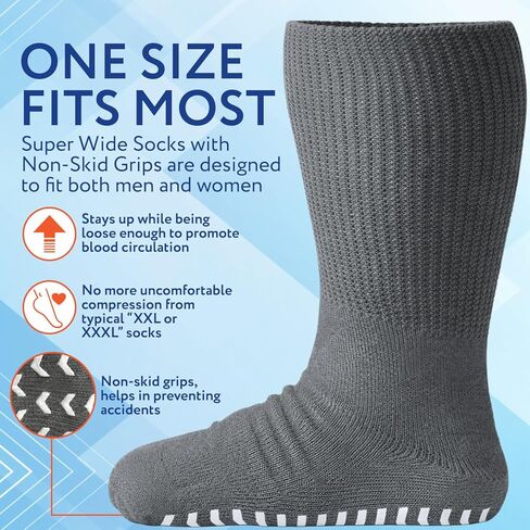 IMPRESA Super Wide Grip Socks for Men and Women– Extra Wide Non-Slip Diabetic Socks for Swollen Feet & Ankles - Big & Tall Edema Socks with Grippers - Soft, Stretchy Fit for Wide Calves - 2 Pack Gray in Saudi Arabia