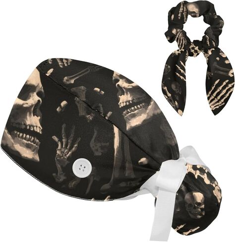 Scrub Cap, Surgical Caps for Women, Skull Skeleton Halloween, Bouffant Nurse Cap Ponytail in Kuwait