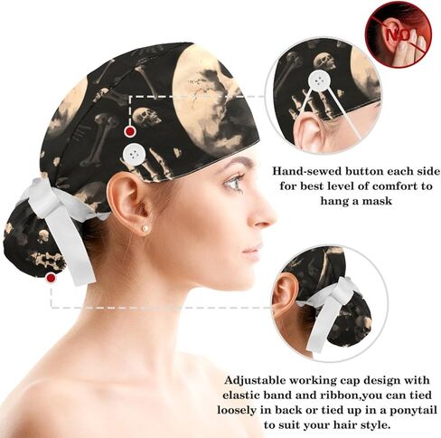 Scrub Cap, Surgical Caps for Women, Skull Skeleton Halloween, Bouffant Nurse Cap Ponytail in Saudi Arabia