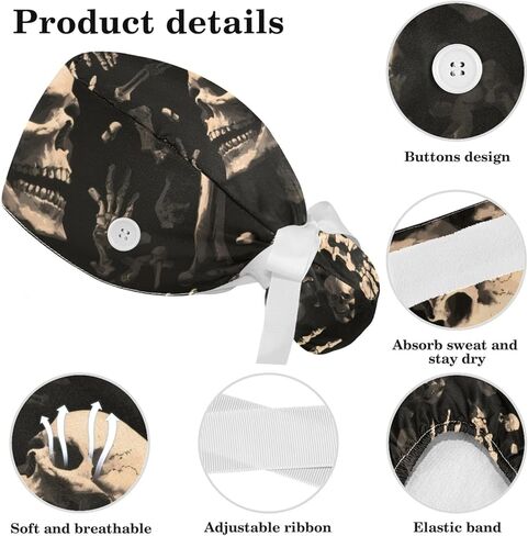 Scrub Cap, Surgical Caps for Women, Skull Skeleton Halloween, Bouffant Nurse Cap Ponytail in Saudi Arabia