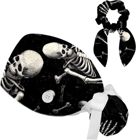 Scrub Cap, Surgical Caps for Women, Skull Skeleton Halloween, Bouffant Nurse Cap Ponytail in Saudi Arabia