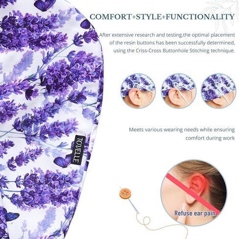 Lavender Butterfly Double-Sided Printed Scrub Caps for Women with Buttons, Adjustable Helps Reduce Static Buildup Medical Hats, Breathable Surgical Caps with Sweatband for Long Hours in Saudi Arabia
