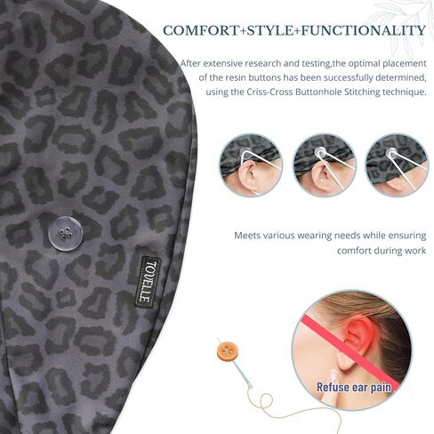 Black Leopard Double-Sided Printed Scrub Caps for Men and Women with Buttons, Adjustable Helps Reduce Static Buildup Medical Hats, Breathable Surgical Caps with Sweatband for Long Hours in Saudi Arabia