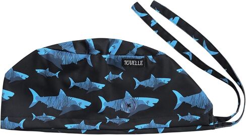 Tie-Back Scrub Cap with Button and Sweatband Modern Classic, Black Shark Print Double-Sided Adjustable Medical Hat for Men, Soft Comfortable, No-Slip for Long-Hour Wear in Saudi Arabia