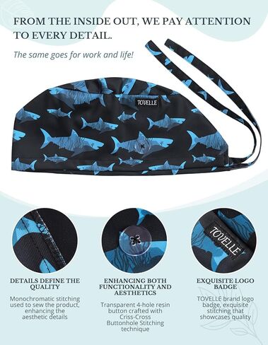 Tie-Back Scrub Cap with Button and Sweatband Modern Classic, Black Shark Print Double-Sided Adjustable Medical Hat for Men, Soft Comfortable, No-Slip for Long-Hour Wear in Saudi Arabia