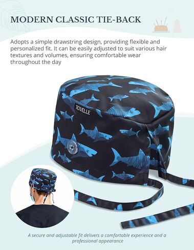 Tie-Back Scrub Cap with Button and Sweatband Modern Classic, Black Shark Print Double-Sided Adjustable Medical Hat for Men, Soft Comfortable, No-Slip for Long-Hour Wear in Saudi Arabia
