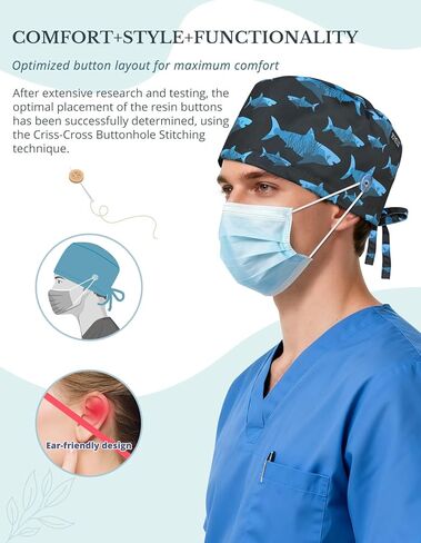 Tie-Back Scrub Cap with Button and Sweatband Modern Classic, Black Shark Print Double-Sided Adjustable Medical Hat for Men, Soft Comfortable, No-Slip for Long-Hour Wear in Saudi Arabia
