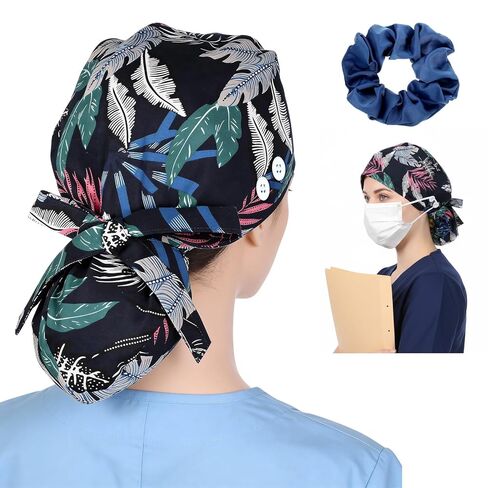 Satin Lined Scrub Cap with Buttons & Sweathand Surgical Caps Working Hat Ponytail Working Adjustable Pouch Tie Unisex in Saudi Arabia
