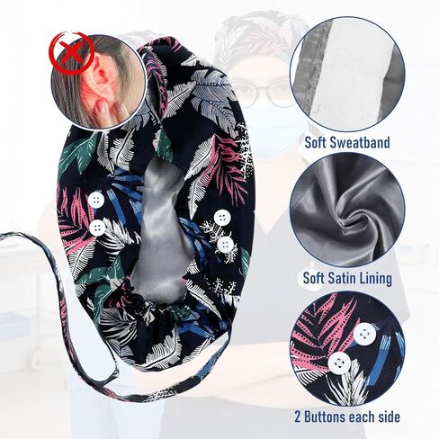 Satin Lined Scrub Cap with Buttons & Sweathand Surgical Caps Working Hat Ponytail Working Adjustable Pouch Tie Unisex in Saudi Arabia