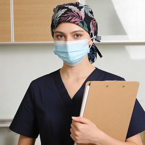 Satin Lined Scrub Cap with Buttons & Sweathand Surgical Caps Working Hat Ponytail Working Adjustable Pouch Tie Unisex in Saudi Arabia