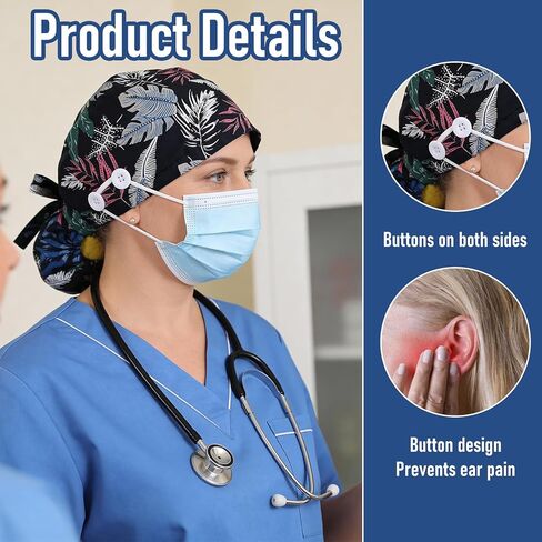 Satin Lined Scrub Cap with Buttons & Sweathand Surgical Caps Working Hat Ponytail Working Adjustable Pouch Tie Unisex in Saudi Arabia