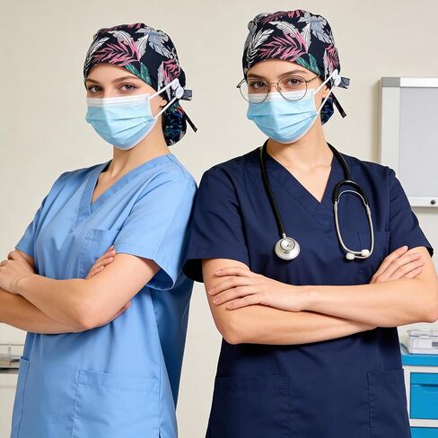 Satin Lined Scrub Cap with Buttons & Sweathand Surgical Caps Working Hat Ponytail Working Adjustable Pouch Tie Unisex in Saudi Arabia