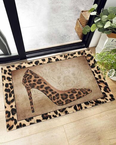 Floor Door Mats Shag Carpet Leopard Print Sexy Female High Heels,Non Slip Super Soft Bath Rugs Vintage Brown Animal Skin Texture,Shaggy Fuzzy Area Rug for Kitchen/Bathroom/Bedroom/Living Room Decor in Kuwait