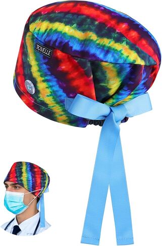Rainbow Tie-Dye Euro Scrub Caps Women and Men with Buttons, Adjustable Head Cover with Ribbons, Surgical Hat for Women to Secure Long Hair and Helps Reduce Static Buildup in Saudi Arabia