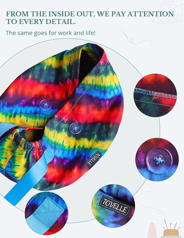 Rainbow Tie-Dye Euro Scrub Caps Women and Men with Buttons, Adjustable Head Cover with Ribbons, Surgical Hat for Women to Secure Long Hair and Helps Reduce Static Buildup in Saudi Arabia