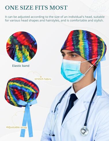 Rainbow Tie-Dye Euro Scrub Caps Women and Men with Buttons, Adjustable Head Cover with Ribbons, Surgical Hat for Women to Secure Long Hair and Helps Reduce Static Buildup in Saudi Arabia