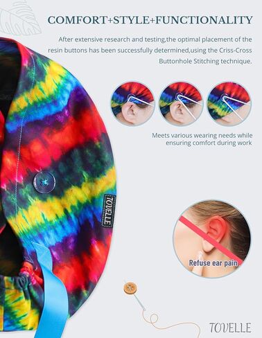 Rainbow Tie-Dye Euro Scrub Caps Women and Men with Buttons, Adjustable Head Cover with Ribbons, Surgical Hat for Women to Secure Long Hair and Helps Reduce Static Buildup in Saudi Arabia
