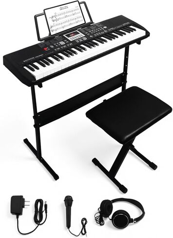 لوحة مفاتيح إلكترونية مكونة من 61 مفتاحًا للمبتدئين مع 200 نغمة وإيقاع وميكروفون وميزات تعليمية وملصقات ملاحظات البيانو in Kuwait