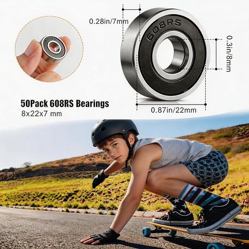 50 Pcs 608-2RS Ball Bearings - High Speed Skateboard Wheel Bearings, Pre-Lubricated & Double Rubber Sealed Miniature Bearings (8x22x7mm) for Skateboards, Scooters, Inline Skates, Longboards in Saudi Arabia