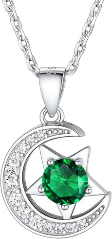Suplight Sterling Silver Moon and Star Birthstone Crystal for Women with Dainty Silver Necklaces/Stud Earrings 1-12 Month Birthstone Emerald Pendant Sparkling Cubic Zirconia Gem Dainty Jewelry for Birthday Everyday in Kuwait