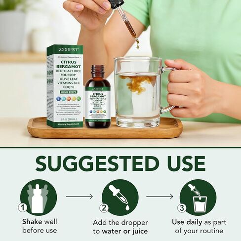 Red Rice Yeast for Cholesterol Support - High Absorption Cholesterol Support Blend with Red Rice Yeast Extract Liquid, Soursop Drops, Garlic, Olive Leaf, Citrus Bergamot & Vitamin C D3 - 2 Fl Oz (1) in Saudi Arabia
