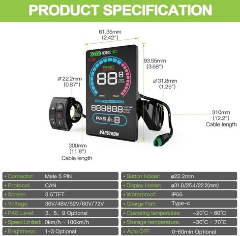 شاشة E-Bike Display-VD618 شاشة LCD ملونة مقاس 3.5 بوصة، مقاومة للماء IP66، إضاءة خلفية أوتوماتيكية ومصباح أمامي، عداد سرعة الدراجة الإلكترونية وكمبيوتر مع منفذ شاحن من النوع C لمحرك متوسط ​​السرعة ببروتوكول Bafang 36-72V in Saudi Arabia
