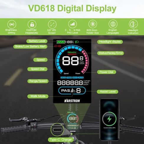 شاشة E-Bike Display-VD618 شاشة LCD ملونة مقاس 3.5 بوصة، مقاومة للماء IP66، إضاءة خلفية أوتوماتيكية ومصباح أمامي، عداد سرعة الدراجة الإلكترونية وكمبيوتر مع منفذ شاحن من النوع C لمحرك متوسط ​​السرعة ببروتوكول Bafang 36-72V in Saudi Arabia