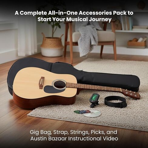 Fender Dreadnought Acoustic Guitar - Natural Bundle with Gig Bag, Tuner, Strap, Picks, and Austin Bazaar Instructional DVD in Saudi Arabia