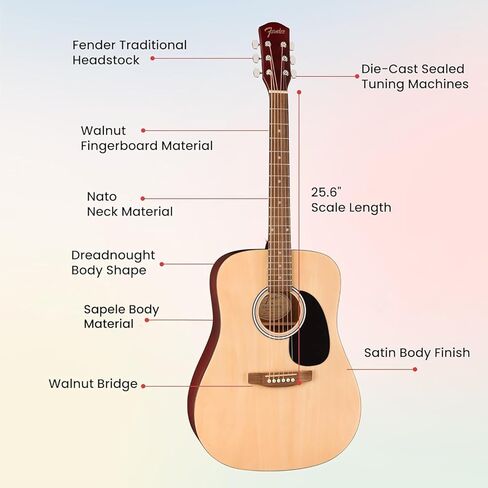 Fender Dreadnought Acoustic Guitar - Natural Bundle with Gig Bag, Tuner, Strap, Picks, and Austin Bazaar Instructional DVD in Saudi Arabia