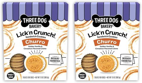 ثري دوج بيكري ليك اند كرانش ساندويتش كوكيز بريميوم يعامل الكلاب بدون نكهات صناعية، نكهة ذهبية وزبدة الفول السوداني، 13 أونصة (عبوة من 6) in Kuwait