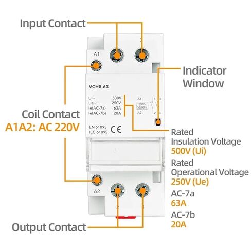 VCH8-63 DIN Rail AC Contactor 63A 220V 2P 2NO Low Noise Energy Saving for Home Lighting HVAC Systems (2P 63A 2NO) in Saudi Arabia