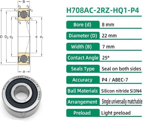 1 قطعة H708AC 2RZ HQ1 P4 708AC 8x22x7 SI3N4 كرة سيراميك مختومة محامل الاتصال الزاوي سرعة المغزل in Kuwait