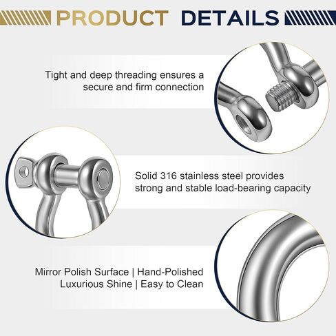 316 Stainless Steel D Ring Bow Shackles, Marine Grade Anchor Shackles with Secure Screw Pin, Boat Anchor Chain Connector for Marine, Sailboat, Outdoor, Towing, 4 Packs in Kuwait