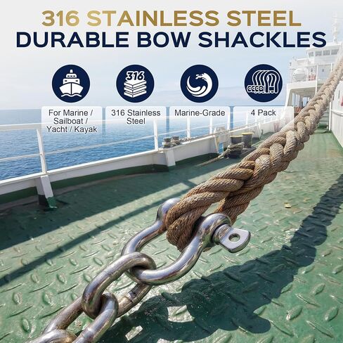 316 Stainless Steel D Ring Bow Shackles, Marine Grade Anchor Shackles with Secure Screw Pin, Boat Anchor Chain Connector for Marine, Sailboat, Outdoor, Towing, 4 Packs in Kuwait
