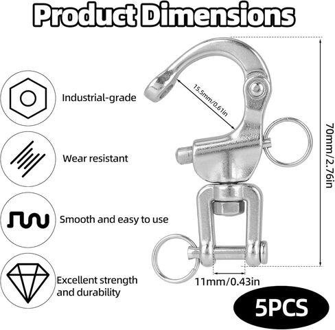 5pcs 316 Stainless Steel Swivel Jaw Snap Shackles, Heavy Duty Quick Release Spring Hook Clips, Marine-Grade Carabiner Sailboat Lift Rope Shackle for Sailing Rigging Climbing Towing Industrial Halyard in Kuwait