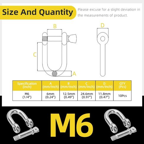304 Stainless Steel D Ring Shackles, Silver Screw Pin Anchor Bow Shackle, Marine Grade Clevis Shackle for Heavy Duty Tow Strap Construction or Wire Lifting Outdoor Camping Rope in Kuwait