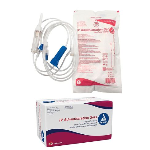 Dynarex 7042 IV Administration Set with 2 Needles Port and Check Valve, 10 Drop/mL, 112" Length, Pack of 50 in Saudi Arabia