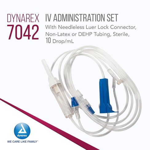 Dynarex 7042 IV Administration Set with 2 Needles Port and Check Valve, 10 Drop/mL, 112" Length, Pack of 50 in Saudi Arabia