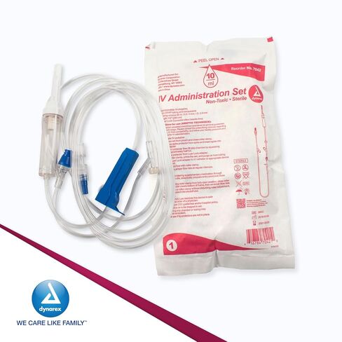 Dynarex 7042 IV Administration Set with 2 Needles Port and Check Valve, 10 Drop/mL, 112" Length, Pack of 50 in Saudi Arabia