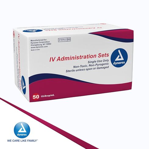 Dynarex 7042 IV Administration Set with 2 Needles Port and Check Valve, 10 Drop/mL, 112" Length, Pack of 50 in Saudi Arabia