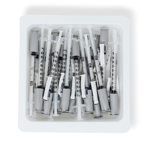 BD SafetyGlide Allergy Syringe Tray, 1 mL, with 27 G x 1/2 in. Permanently Attached Needle (Regular Bevel), #305950, (25 Count) in Saudi Arabia